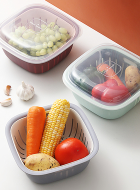 双层沥水篮多功能方形大号冰箱保鲜盒塑料厨房水果保鲜收纳篮带盖