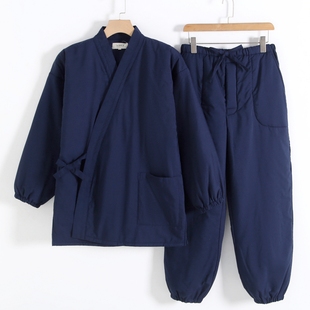 日单男秋冬加绒加厚作务衣夹棉睡衣半缠保暖束袖日式居家冬棉衣