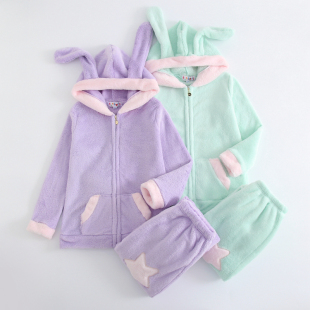 外单女生大童亲子装家居服睡衣加厚长毛毛绒小兔子卡通连帽可外穿