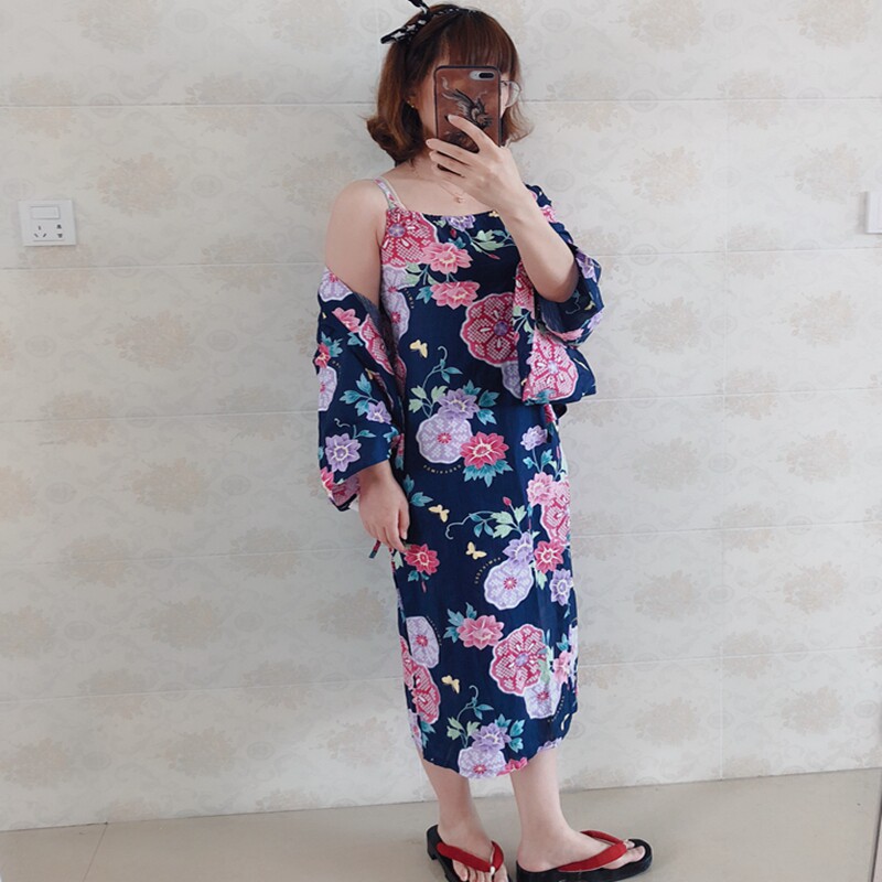 日本女童成人亲子装全棉樱花振袖和服上衣加吊带长裙浴衣两件套