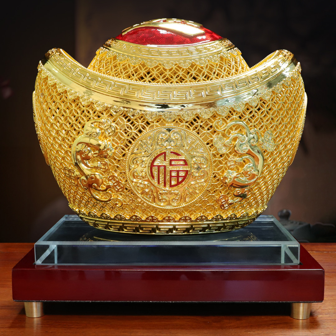 黄铜花丝元宝摆件招财铜元宝黄金万两家居客厅玄关装饰品开业礼品