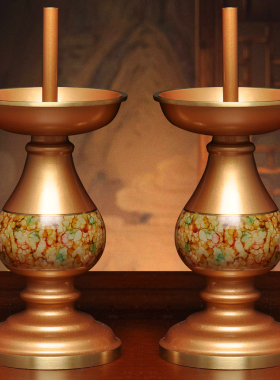 黄铜珍珠红多彩光身烛座针烛台蜡烛台一对中式蜡烛台家用敬神供佛