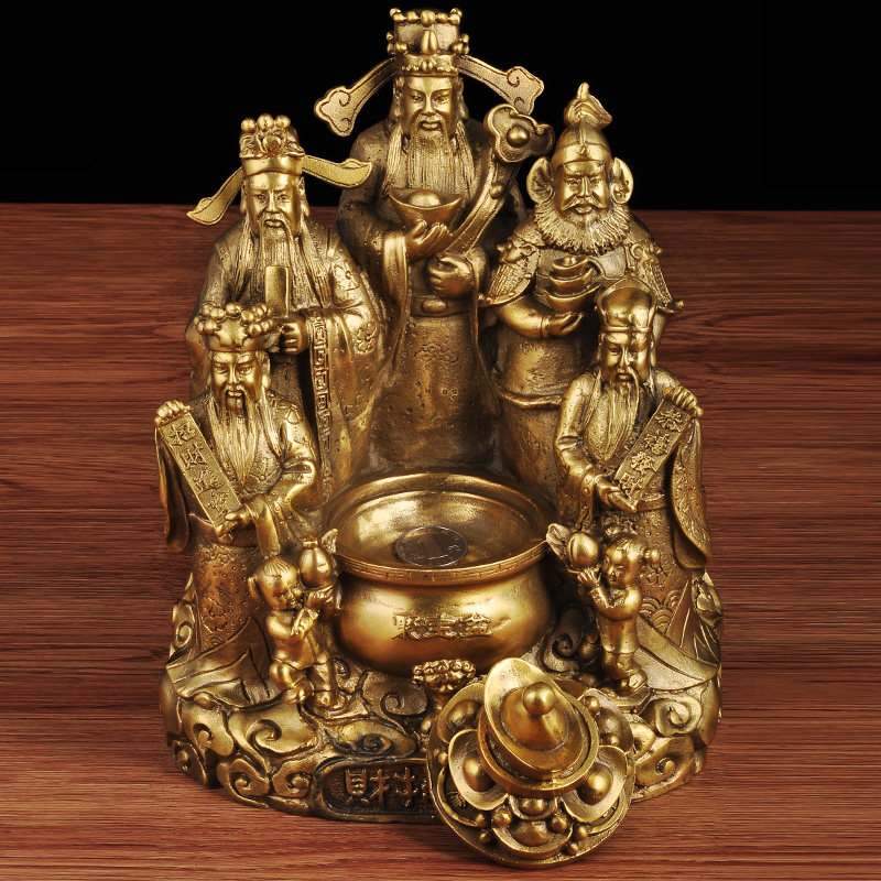 黄铜五路财神摆件佛像供奉招财聚宝盆存钱罐客厅玄关商务开业礼品