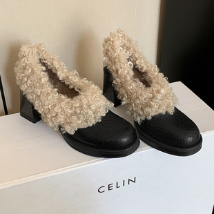 羊毛小皮鞋 女加绒保暖方头单鞋 女 复古高跟毛毛鞋 头层牛皮高端版