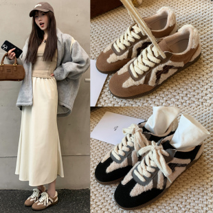 2024年秋冬新款韩版德训鞋女平底保暖加绒加厚休闲鞋板鞋真皮鞋子