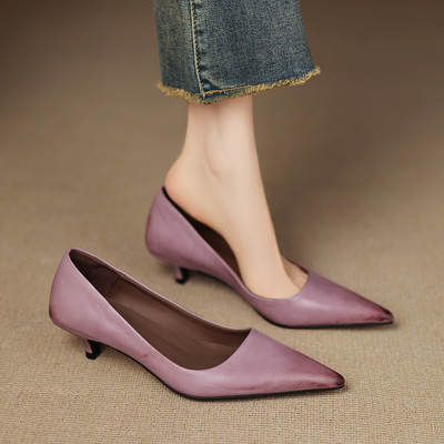 开怀依足新中式文艺性感尖头浅口真皮婚礼伴娘时尚小猫跟低跟单鞋