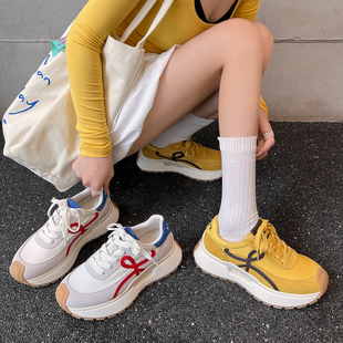 厚底老爹鞋女增高透气华夫运动鞋2025夏季新款真皮布面国潮阿甘鞋