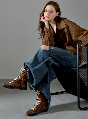 张小斐吴宣仪同款27QUAI猎装拳击靴可可棕头层牛皮中筒真皮短靴女