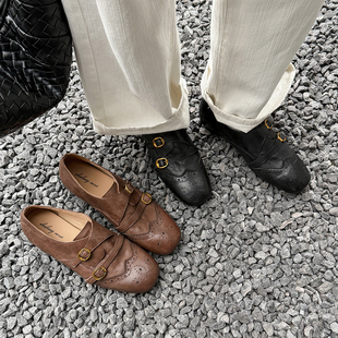 轻！软！舒适！重工水洗工艺英伦风布洛克雕花平底小皮鞋孟克鞋女