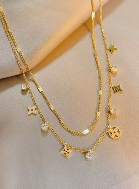 欧拉拉轻奢多层项链女金色四芒星锆石锁骨链小众设计感