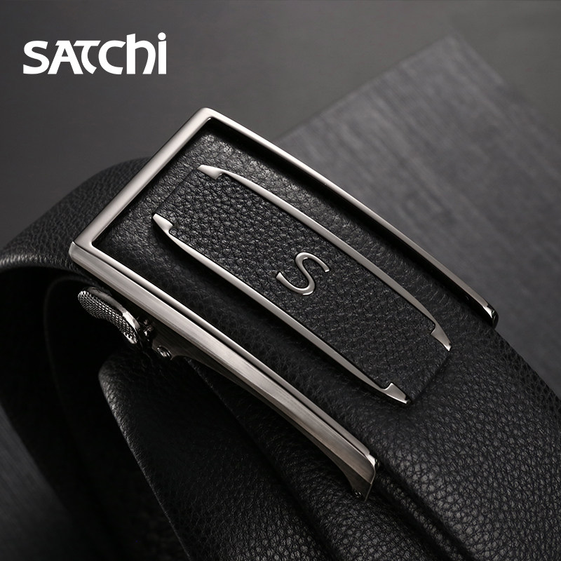 沙驰皮带男真皮商务时尚正品裤带光面休闲简约牛皮青年自动扣腰带