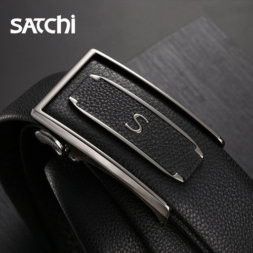 沙驰皮带男真皮商务光面休闲简约