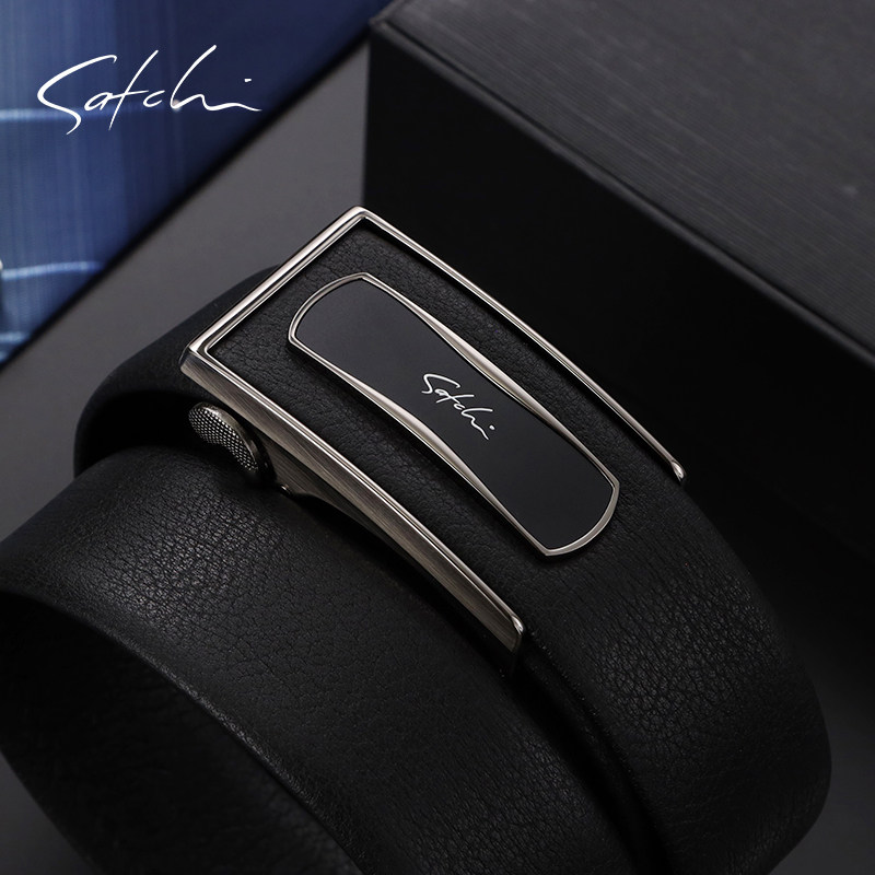 沙驰皮带男真皮商务时尚正品裤带光面休闲简约牛皮青年自动扣腰带