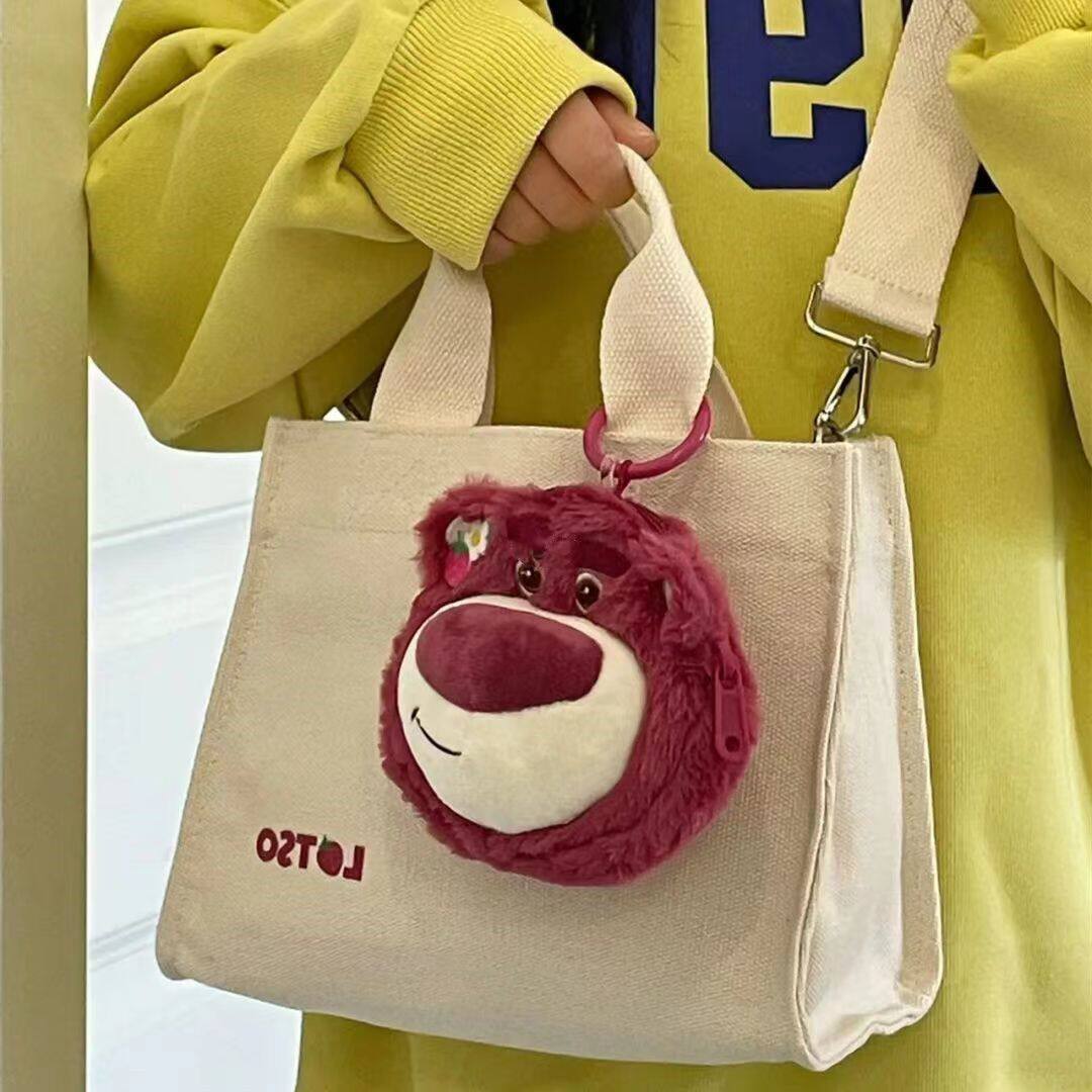 草莓熊帆布包斜挎手拎包帆布袋便当包女日系卡通简约出行便携包包