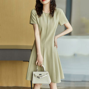 气质短袖 设计感优雅时尚 显瘦抹茶绿收腰裙子女 连衣裙女夏2024新款