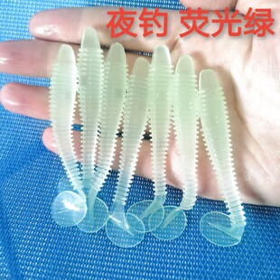 新品 盒路亚夜光软饵软虫夜钓荧光鱼饵诱饵螺纹t尾铅头钩饵料 50条