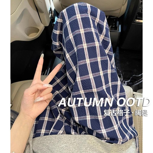 300斤大码胖mm藏蓝色格子裤女夏季薄款高腰垂感休闲百搭阔腿裤子