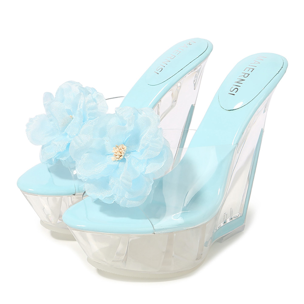 14cm透明防水台花朵超高跟水晶鞋坡跟凉拖鞋模特街拍度假女鞋百搭|ruв категории Женская обувь, сандалии - от Buy2taobao.com для оказания профессиональной услуги покупки агента Taobao