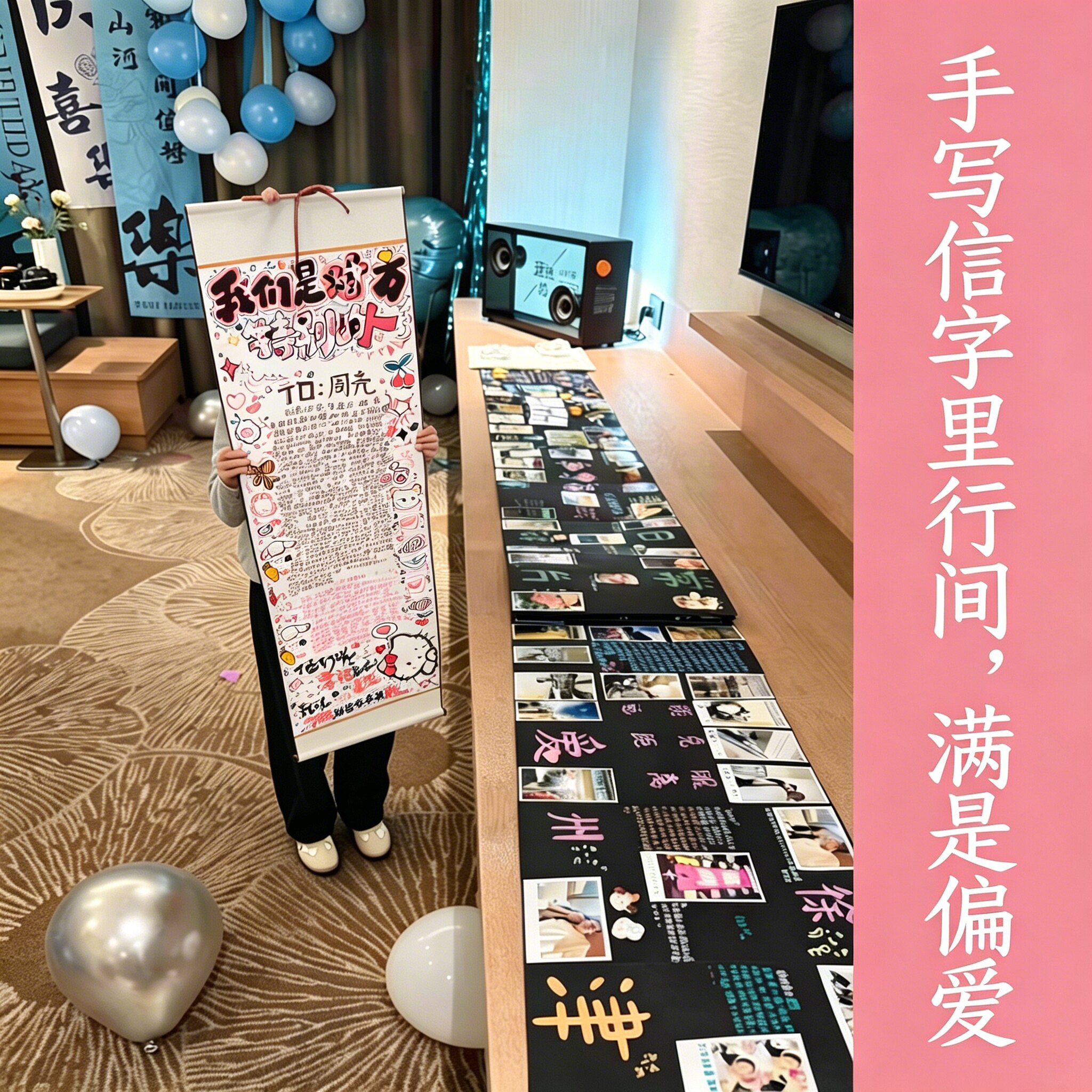 超长手写情书卷轴带图案可爱卡通手写信纸空白卷轴半成品生日礼物