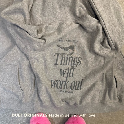 2025duet原创 新麻灰全拉链小鸟系列加绒连帽卫衣