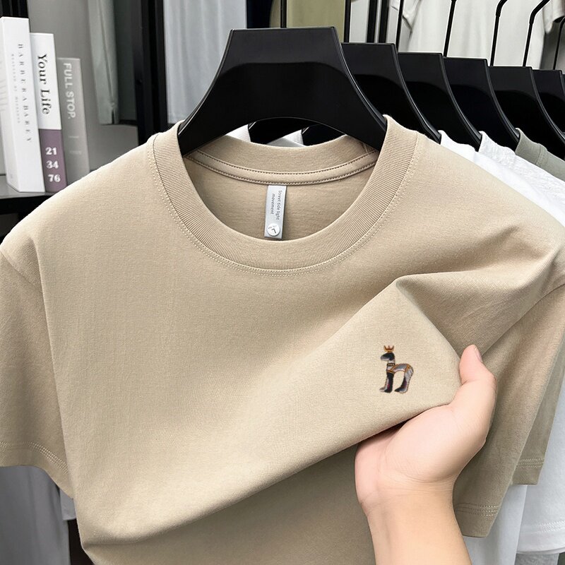 重磅100%纯棉短袖男短夏季刺绣丝光棉T恤半袖打底衫上衣休闲圆领