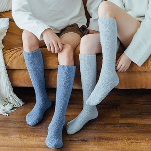 冬季 珊瑚绒长筒小腿袜子女毛绒保暖地板袜睡眠袜糖果色 加厚情侣款