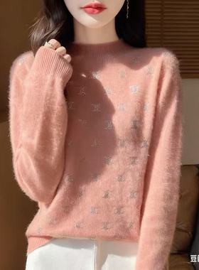 秋冬新款无缝半高领双C镶钻衫女亲肤长袖保暖毛衣软糯针织打底上