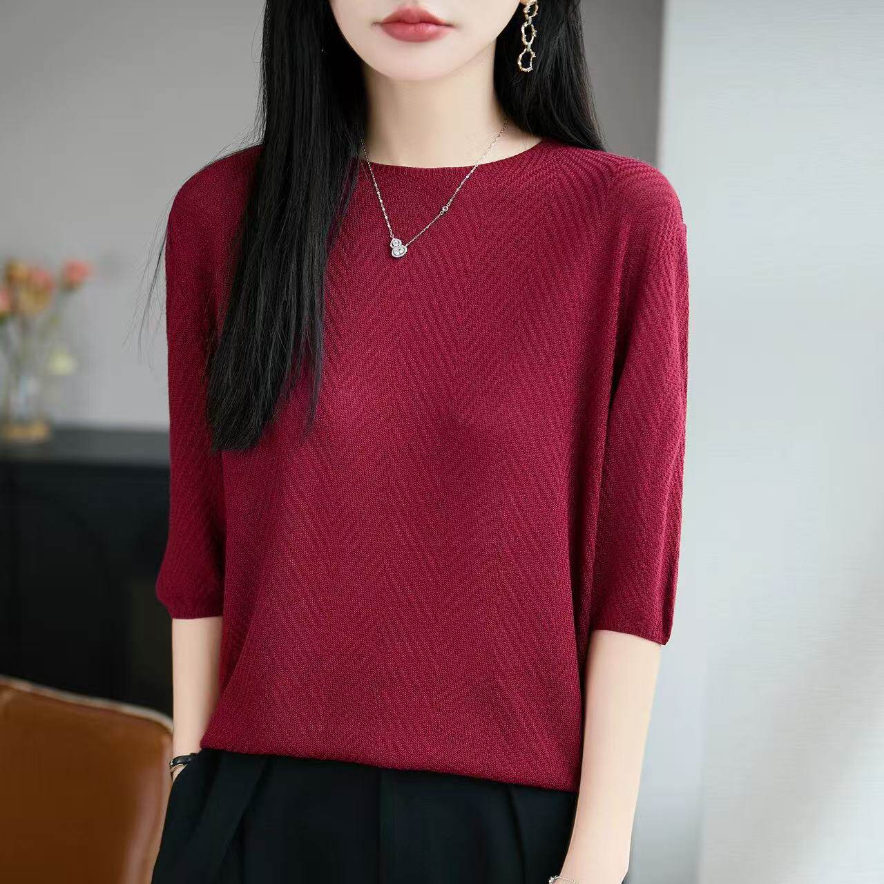 优雅气质凉感冰爽丝四分袖针织衫宽松显瘦打底衫T恤夏季薄款短袖