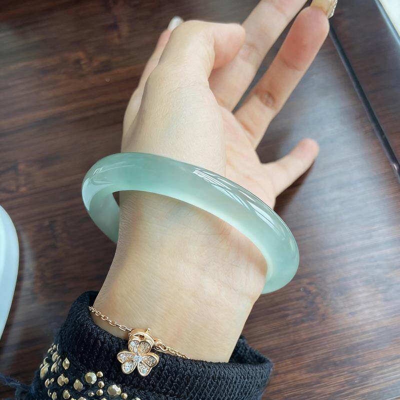 “槐阴满院”高端缅甸翡翠手镯玉镯子纯色真玉石糯冰种处理