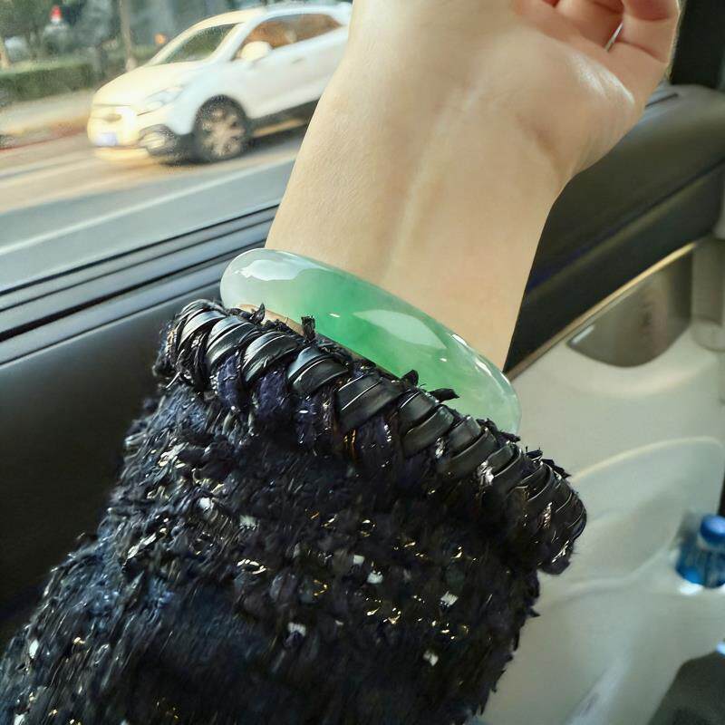 “晶澜凝腕”缅甸高冰种翡翠玉手镯女款纯色飘花真玉石定制处理