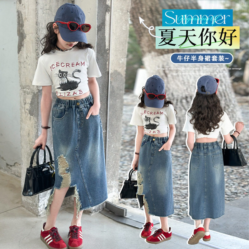 女大童夏装牛仔套裙2025新款韩版洋气时髦短袖女孩夏季裙子