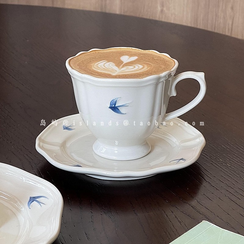 日式复古风浮雕手绘燕子陶瓷咖啡杯碟套装ins下午茶拿铁拉花杯碟
