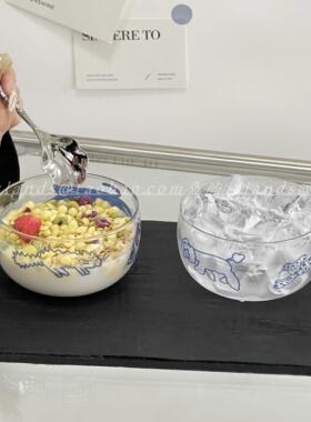 韩国ins可爱蓝色线条猫咪玻璃碗卡通饭碗酸奶甜品碗高颜值麦片碗