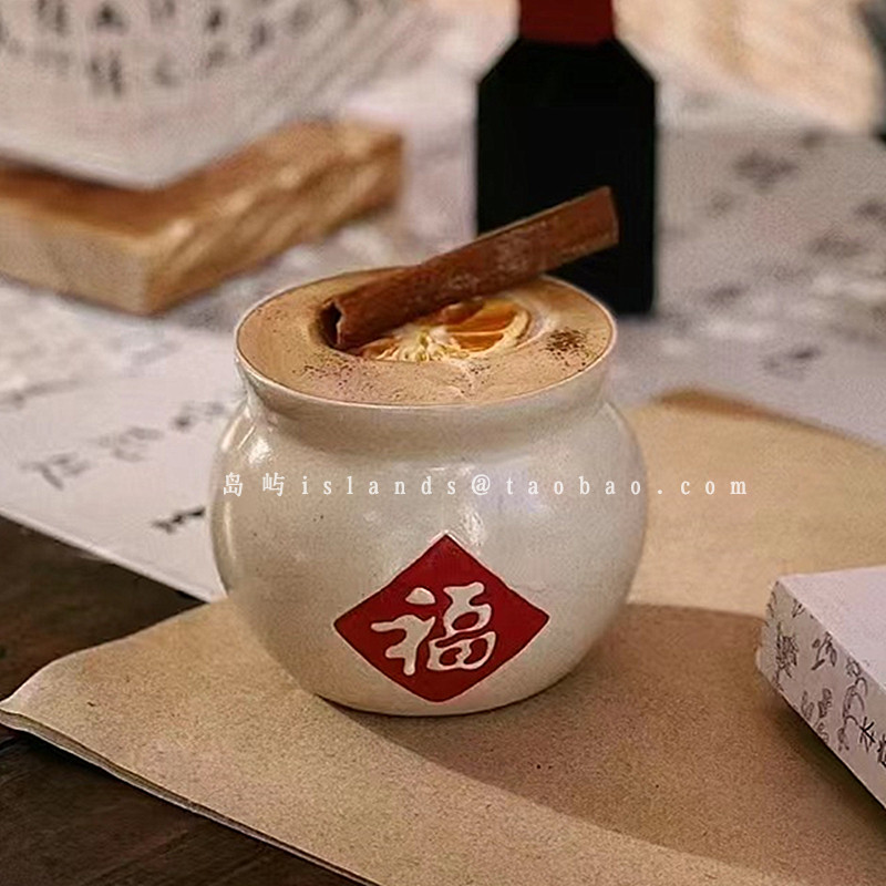中式瓦罐杯个性网红复古拉花杯福字冷翠咖啡奶茶杯搞怪胖萌陶瓷杯