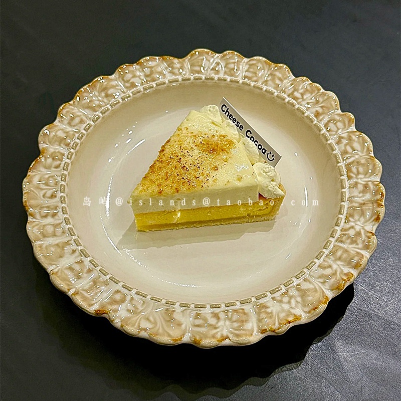 小众高级感烟棕花苞蛋糕盘ins复古风陶瓷圆形浅盘下午茶甜品盘子