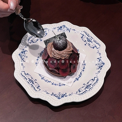 中古珠点花卉陶瓷甜品盘