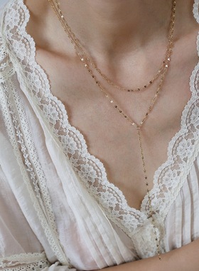 长款双层欧美闪亮8字链叠戴套链Y形锁骨链显瘦钛钢镀18K真空电镀