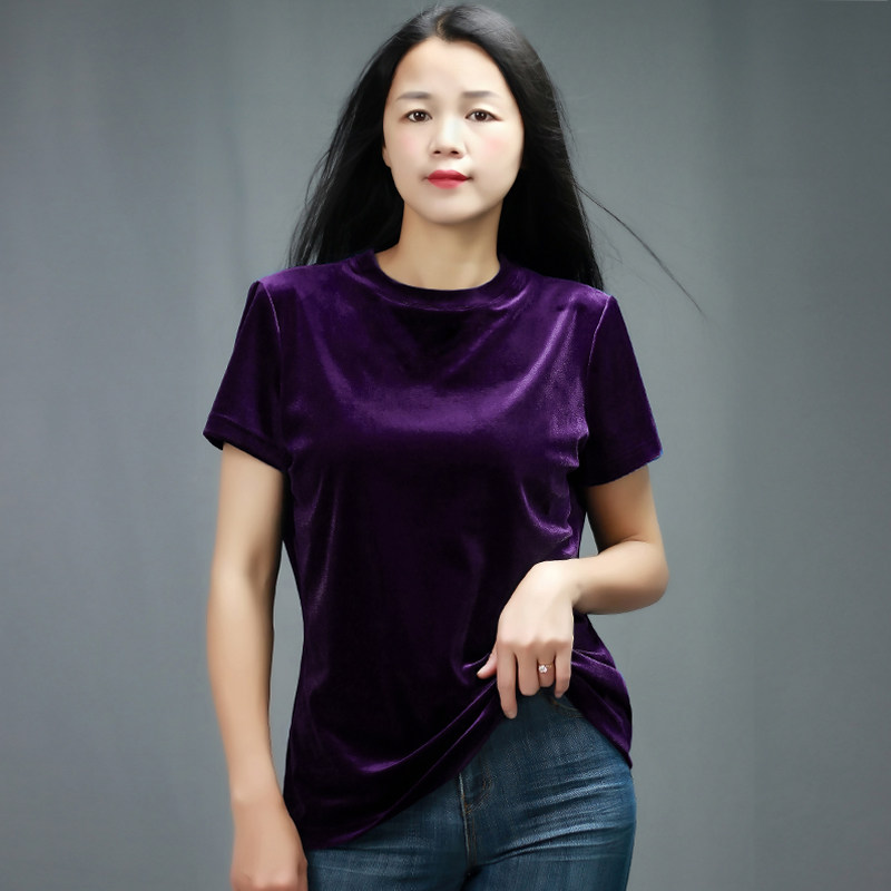 金丝绒上衣小圆领短袖t恤女
