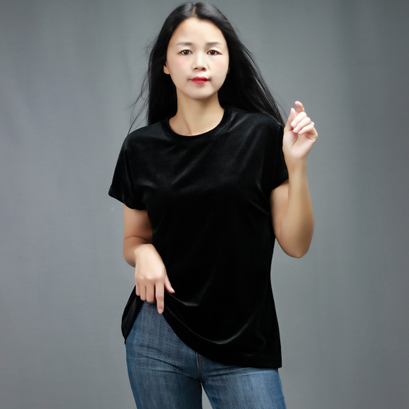 春夏新款金丝绒上衣蝙蝠袖t恤女圆领宽松显瘦百搭休闲短袖打底衫
