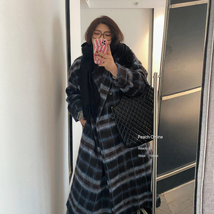 小珠桃子大码女装冬季美拉德复古格纹长款羊毛呢外套大衣200斤胖m
