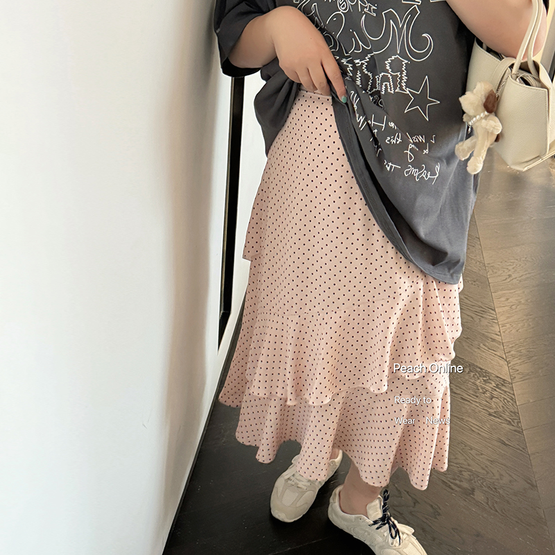 小珠桃子大码女装夏miu系复古少女波点荷叶边不规则半身长裙200斤