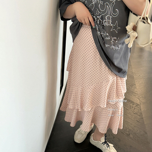 小珠桃子大码 夏miu系复古少女波点荷叶边不规则半身长裙200斤 女装