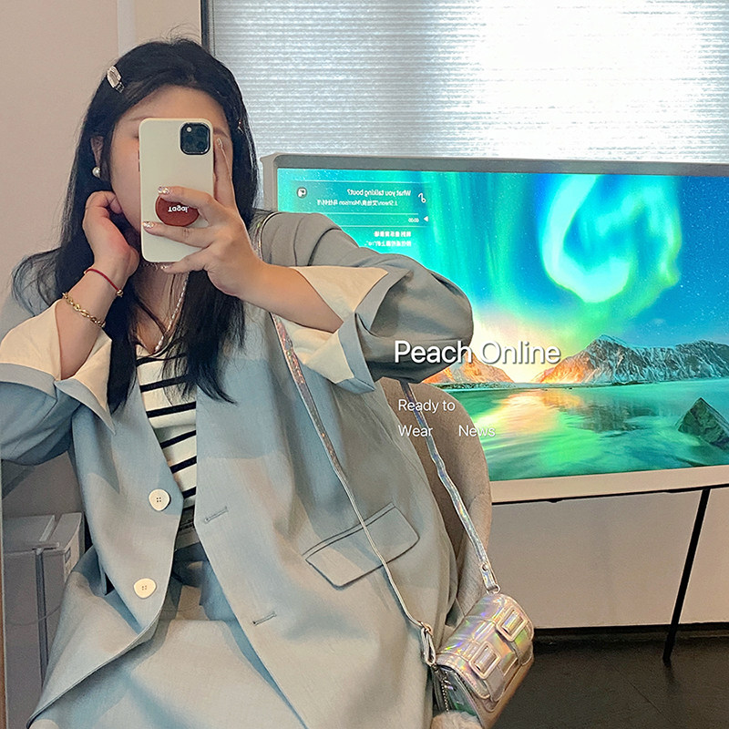 小珠桃子大码女装2023春季G品质无领宽松西装半身裙套装200斤胖mm