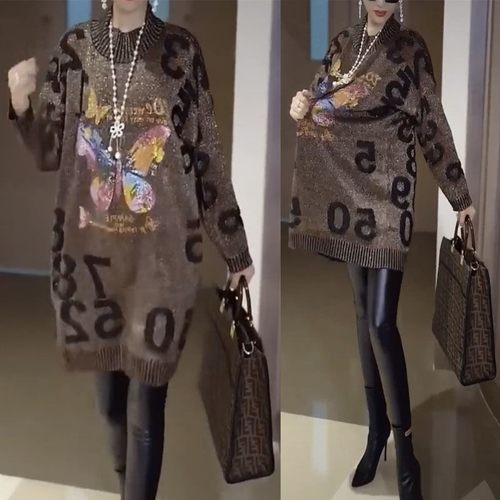 大码女装2025秋冬新款宽松中长款烫钻毛衣重工字母针织衫连衣裙女