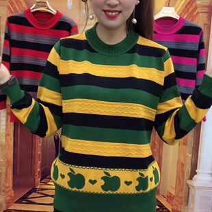 新款中老年女春秋装毛衣针织衫妈妈装套头长袖宽松条纹打底上衣女