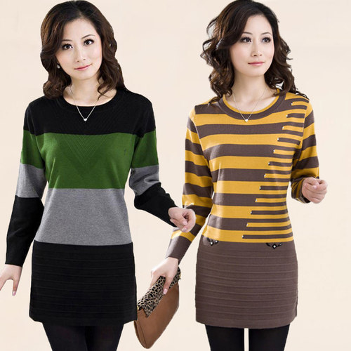 春装针织中年妇女条纹毛衣打底衫