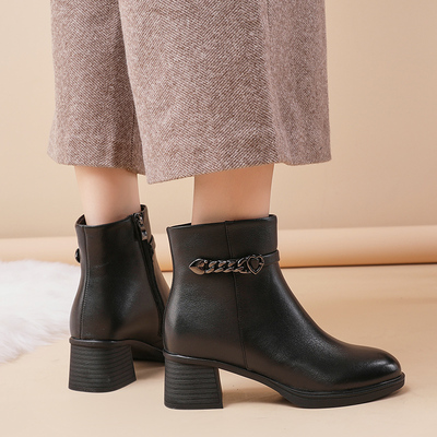 秋冬女士真皮短靴5厘米粗跟女靴