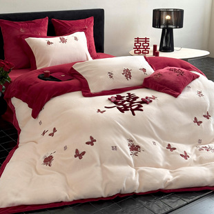 福蝶绵绵冬季 保暖婚庆四件套牛奶绒喜字刺绣结婚被套红色床单床笠