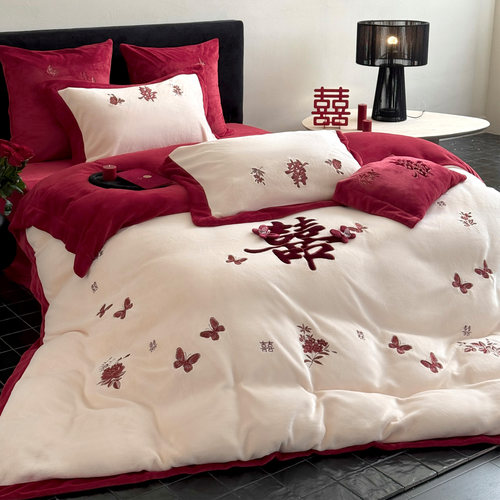 福蝶绵绵冬季保暖婚庆四件套牛奶绒喜字刺绣结婚被套红色床单床笠