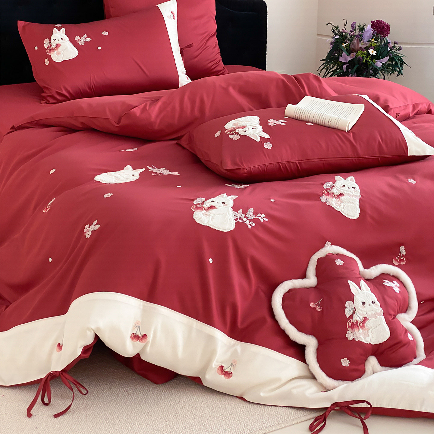 LANSWAY樱桃小兔喜庆四件套全棉可爱婚庆红色结婚被套床单1.8床品